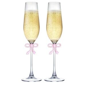 Champagne Glasses Set Of 2 ,elegant Crystal With Romantic Pink Bow 6.5 Oz